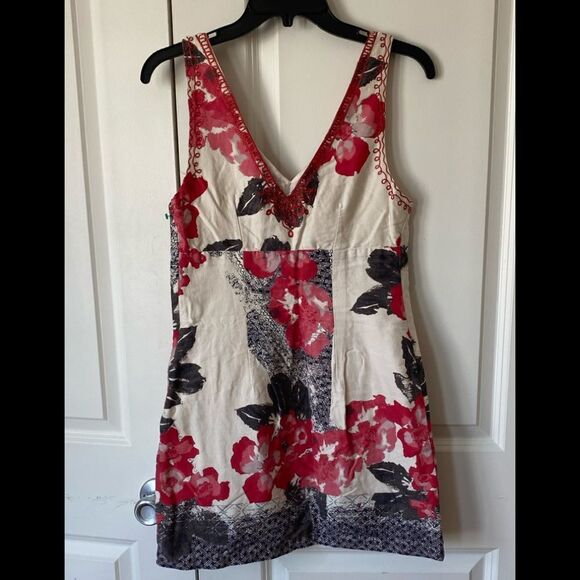 Floral Print V Neck Embroidered Cotton Tank Dress - Picture 9 of 11